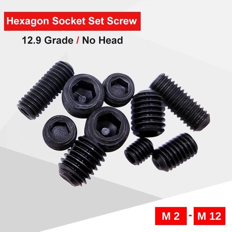 Carbon Steel Hex Socket Set Screw Grub Screw Grade 12.9 in Black Color - M2, M2.5, M3, M4, M5, M6, M8, M10, M12 Sizes, Compatible with Hex Socket Wrench