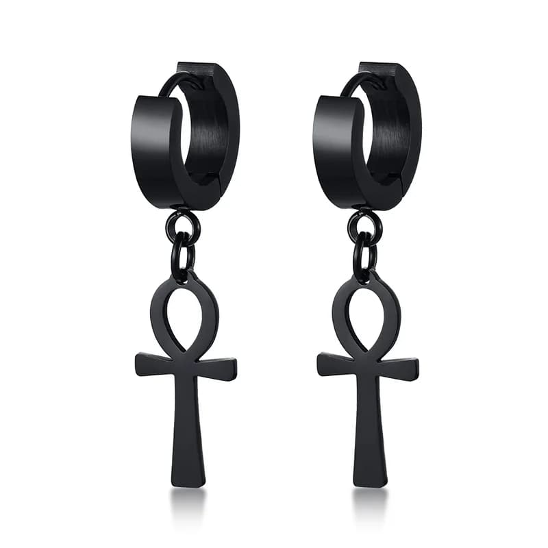 Men's Black Stainless Steel Egyptian Ankh Michael Drop Cross Dangle Earrings - Punk Jewelry for Males