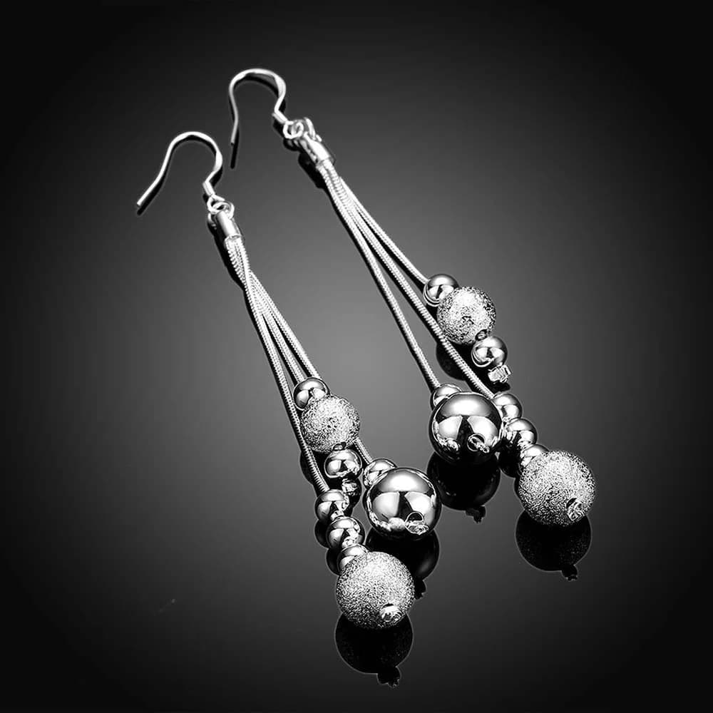 925 Sterling Silver Korean Three Line Beads Ball Vintage Long Tassel Dangle Earrings - Women's Engagement Wedding Jewelry