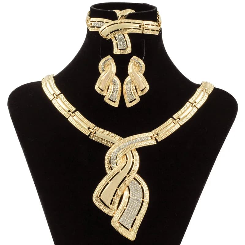 African Dubai Gold Jewelry Sets with Nigerian Crystal Necklace, Hoop Earrings - Fashionable Italian Bridal Jewelry for Women | Wedding Accessories