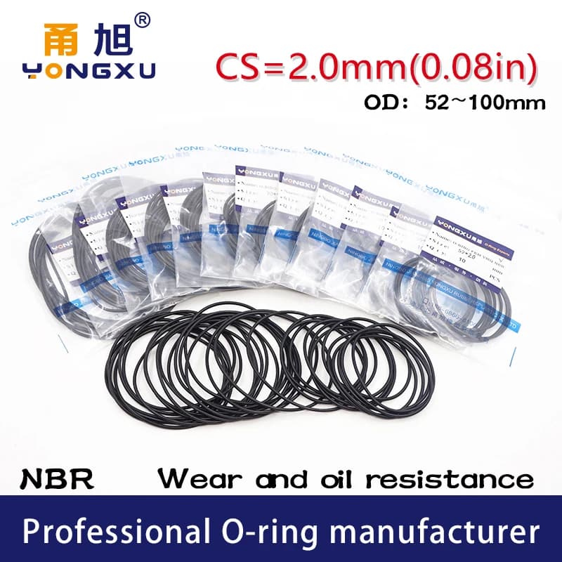 5-Piece Pack of Black NBR Sealing O-Rings with CS2mm OD Range of 52-100*2mm for Rubber Gasket Rings and Washers