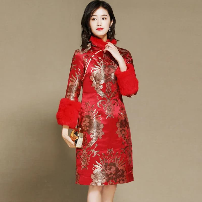 Vintage Cheongsam Red Party Dresses Qipao - Winter Long Sleeve Oriental Wedding Gown