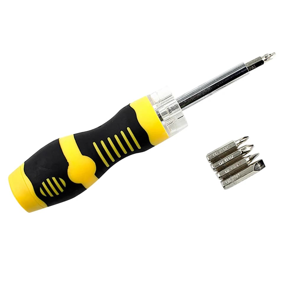 Multi-Functional Hand Tool with Screwdriver Tip Holder, LED Flashlight, Slotted Type Screwdriver, and Drill Bits