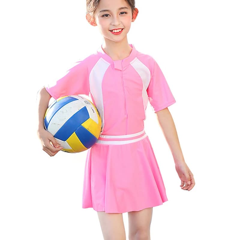 Beach Girl Swimsuits: Sun-Proof Short Sleeve 2PCS Swimsuit (Bodysuit+Skirt) for Children 4-14 - Kids Cute Skirted Swimwear Bathing Suit