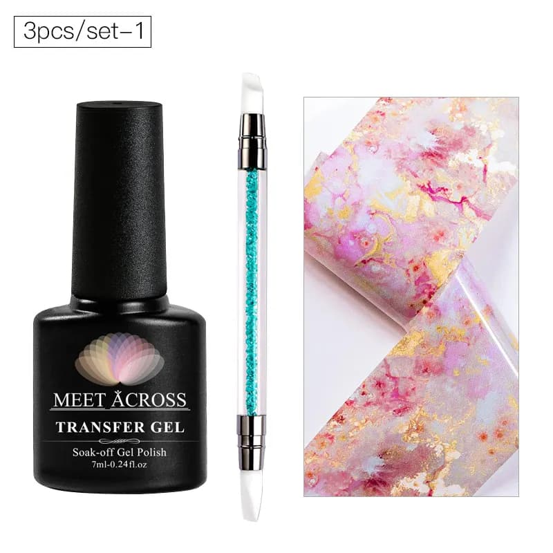 MEET ACROSS Nail Foil Transfer Glue Set with Marble Series Stickers for Nail Art Decoration