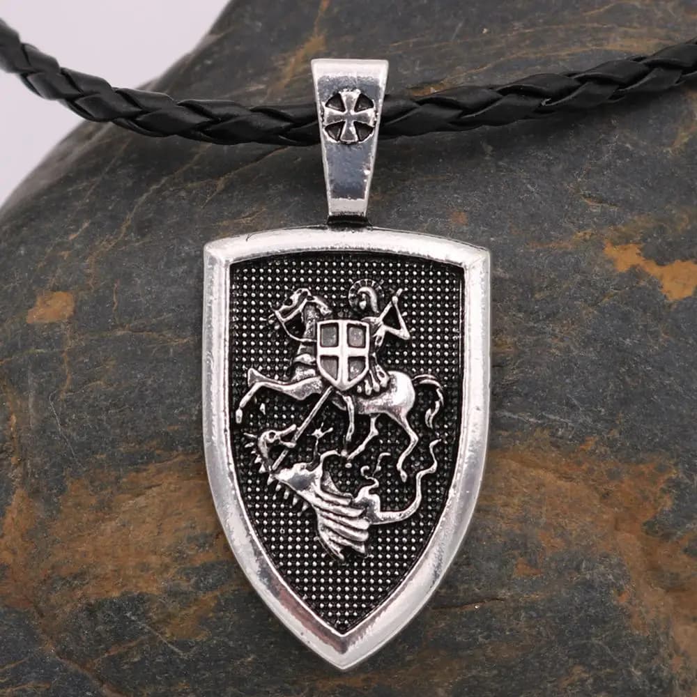 St. George Protect Us: Riding Horse to Slay Dragon - Saint Shield Pendant Religious Necklace for Prayer