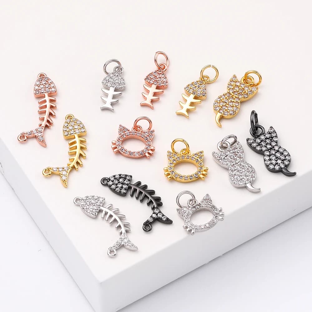 Gold Fish, Cat, and Star Charm Charms for DIY Jewelry Making Supplies - Metal Copper CZ Zircon Accessories for Earrings, Bracelets, and Necklaces