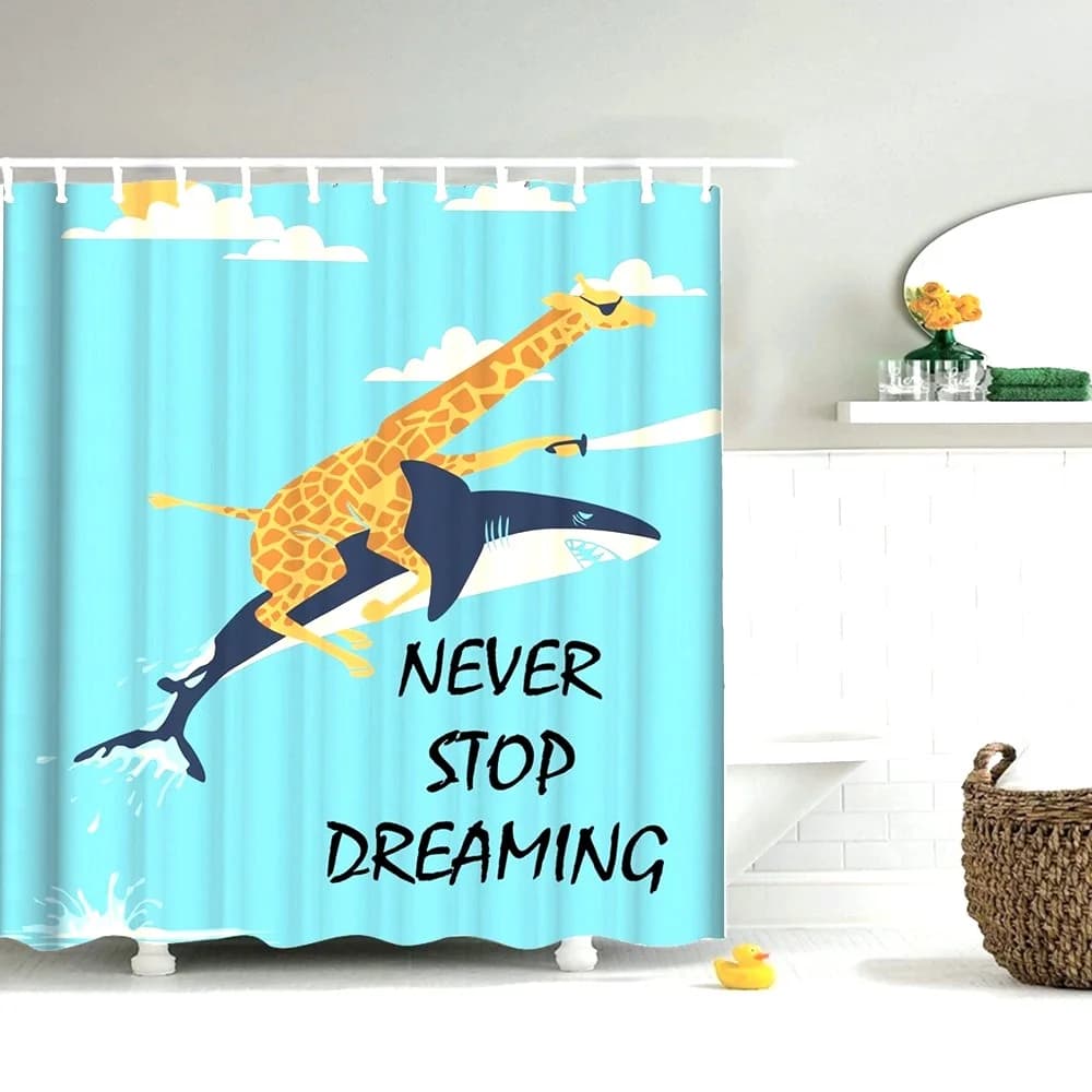 Fun Giraffe Riding Shark Adventure Theme Shower Curtains by Dafield