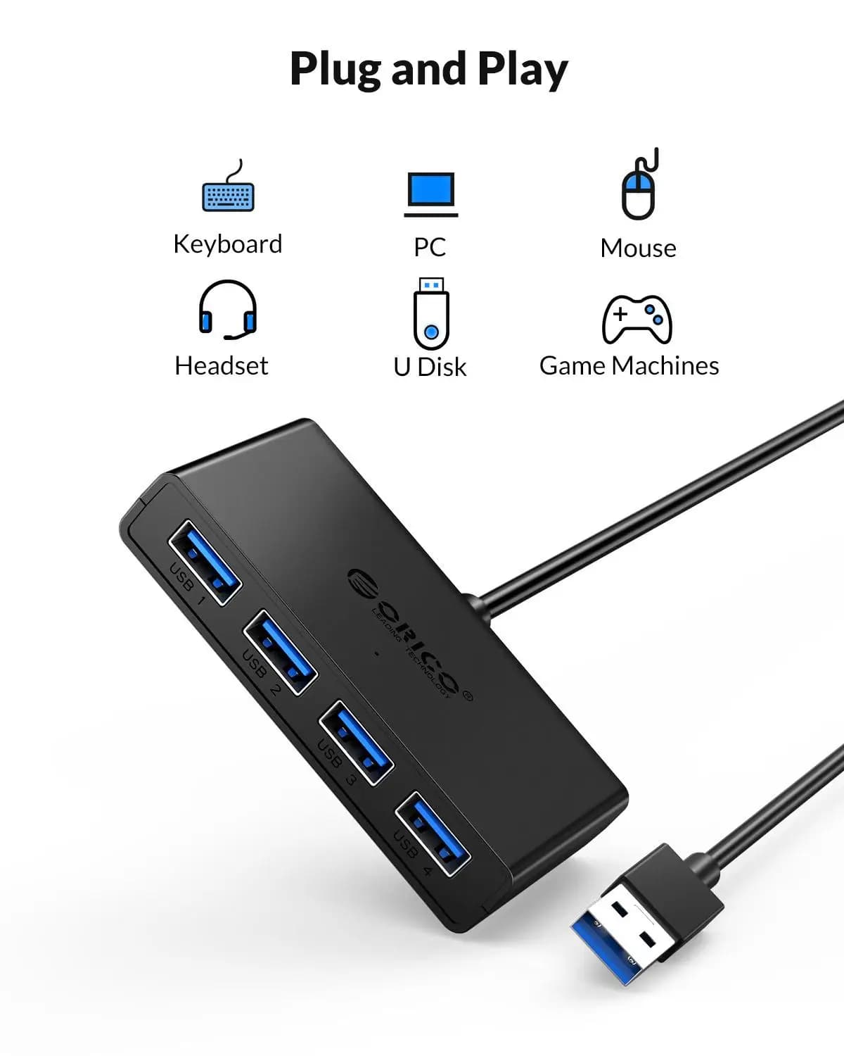 ORICO USB Hub 4 Port USB 3.0 Splitter with Micro USB Power Port - High Speed OTG Adapter for Computer and Laptop Accessories