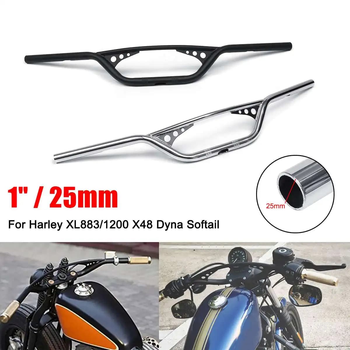 Motorcycle 1 Inch 25mm Handlebar Cafe Racer Handle Bar - Chrome Black for Harley XL883 1200 X48 Davidson Dyna Softail