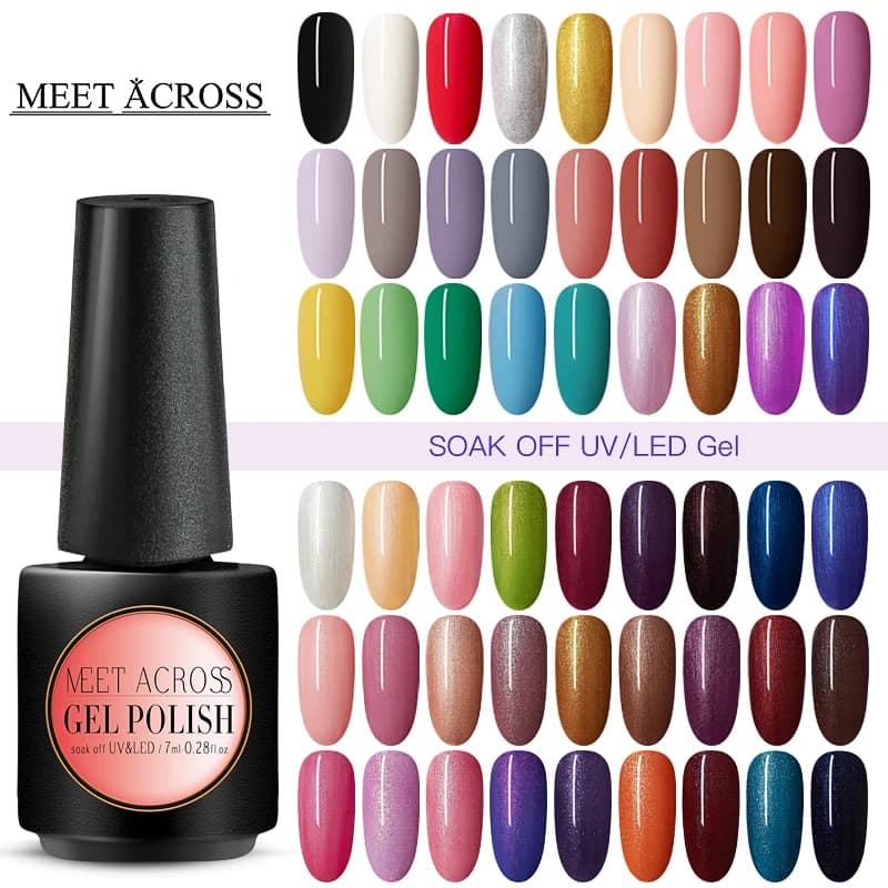 MEET ACROSS 7ml Nail Gel Varnish | Pure Color Gel Polish | Base Coat | No Wipe Top Coat | Soak off Gel Polish | Manicure Gel Lacquer | SEO Optimized