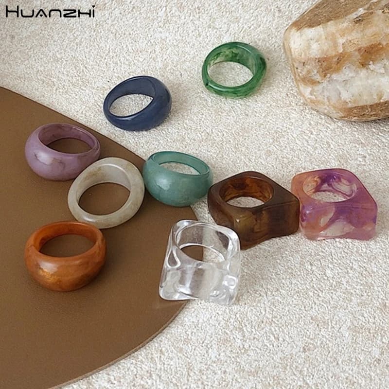 HUANZHI Colorful Transparent Acrylic Irregular Marble Pattern Resin Tortoise Rings for Women and Girls Jewelry 2020