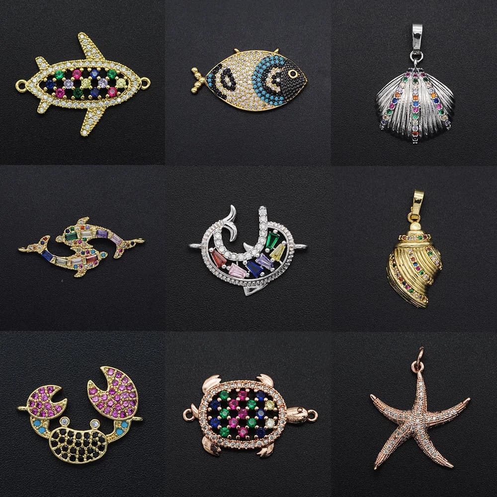 DIY CZ Dolphin Charms Wholesale Starfish Necklace Pendant Turtle Crab Zircon Connector for Fish Shell Jewelry Making