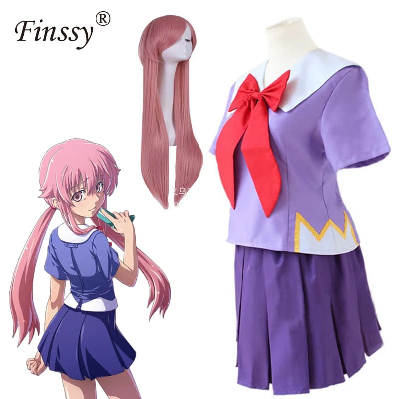 Mirai Nikki Gasai Yuno Anime Cosplay Costume - Lolita Sailor Style with Loli Bow and Short Skirt, includes Wig (80cm Length) for Women