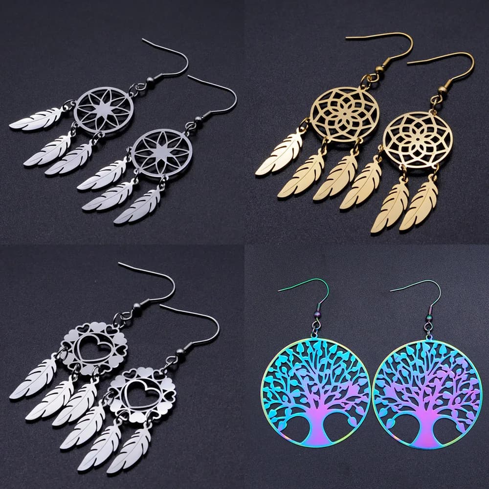 Wholesale Boho Feather Lotus Dream Catcher Drop Earring for Women - 100% Stainless Steel Bohemia Fashion Jewelry