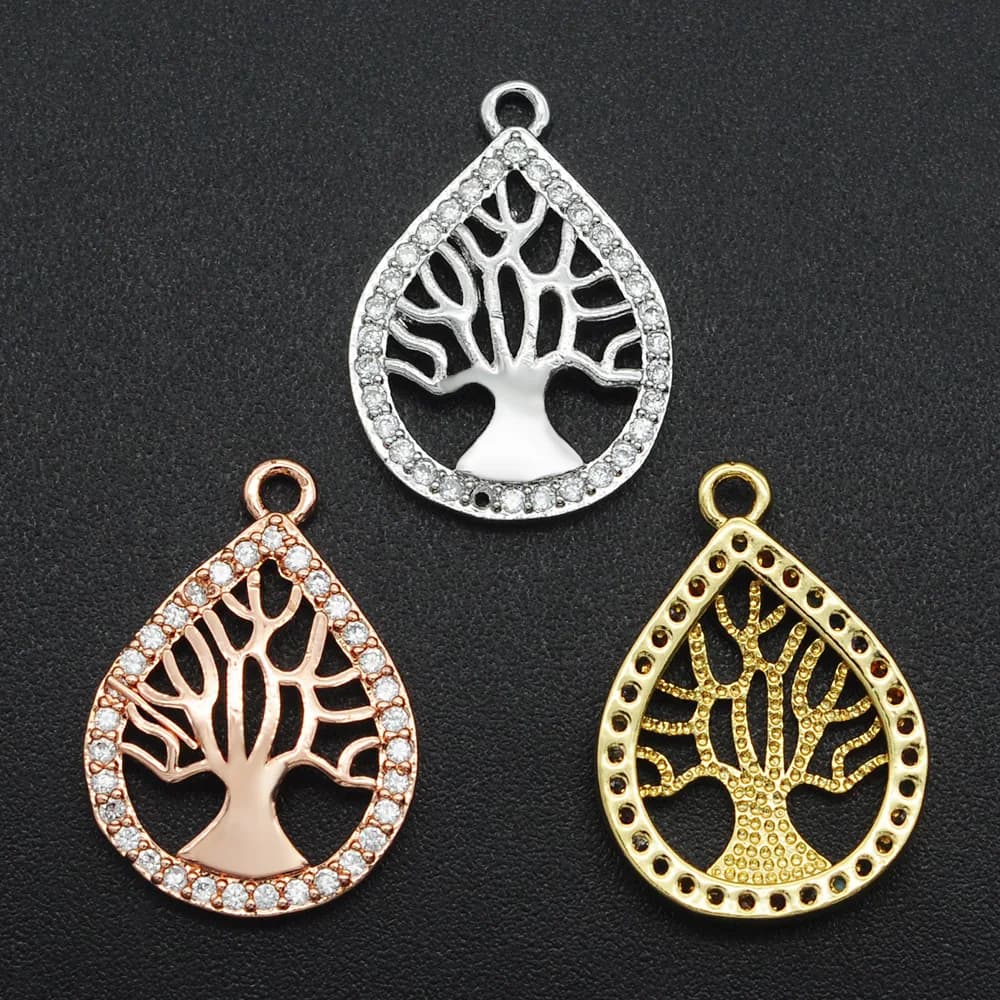 Top Quality 18x13mm CZ Zircon Tree of Life Charm Pendant for DIY Jewelry and Bracelet Making - Wholesale Pack