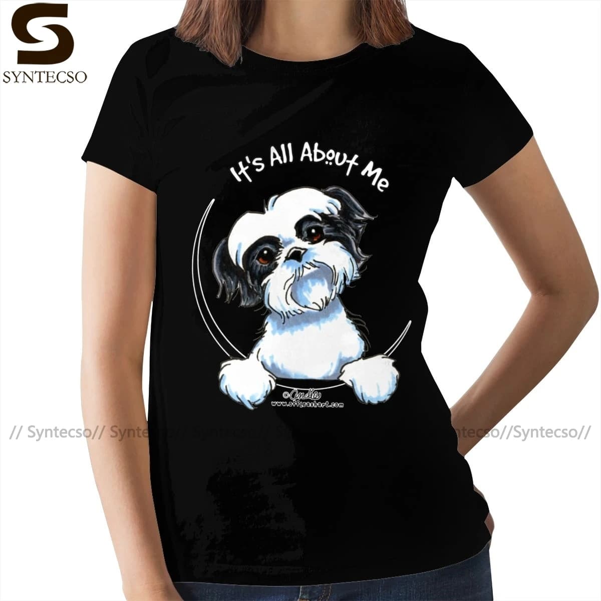 Funny Cotton Women's Shih Tzu Dog T-Shirt | BlackWhite | It's All About Me | Ladies Tee Shirt | Shih Tzu Keep Calm and Love Me