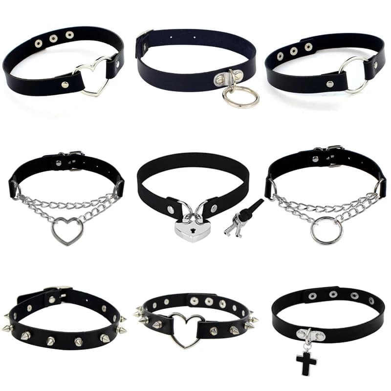 Punk PU Leather Studded Choker Necklace with Lock, Key, Heart, Round Spike and Rivet Accents - Ideal for Birthday Party and Gifting - Stylish Body Jewelry