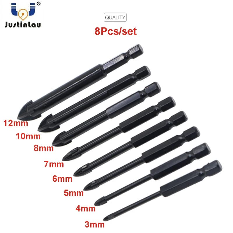 Justinlau Glass Tile Drill Bits Set - Tungsten Carbide Tipped Spear Head Bits for Ceramic Tile, Marble, and Mirror Drilling - 3mm, 4mm, 5mm, 6mm, 7mm, 8mm, 10mm, 12mm