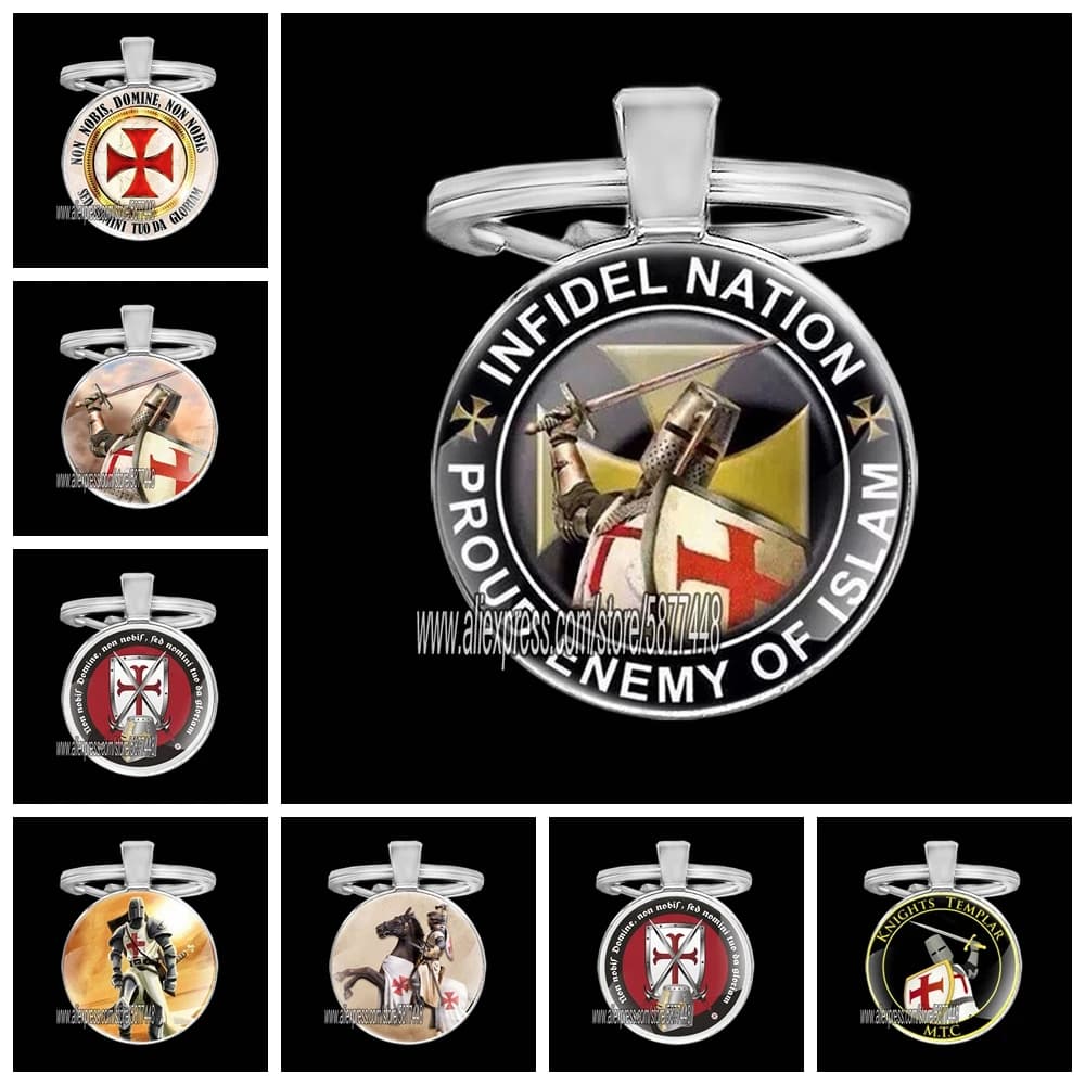 Vintage Infidel Nation Proud Enemy of Islam Knight Templar Key Chain Man Classic Key Ring with Glass Cabochon