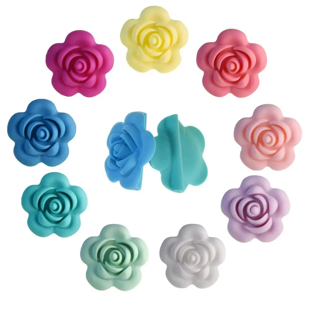 Mabochewing 10pcs 41mm Silicone Rose Flower Bead Set - BPA Free Soft Silicone Teething Beads for Jewelry Making and Baby Teething