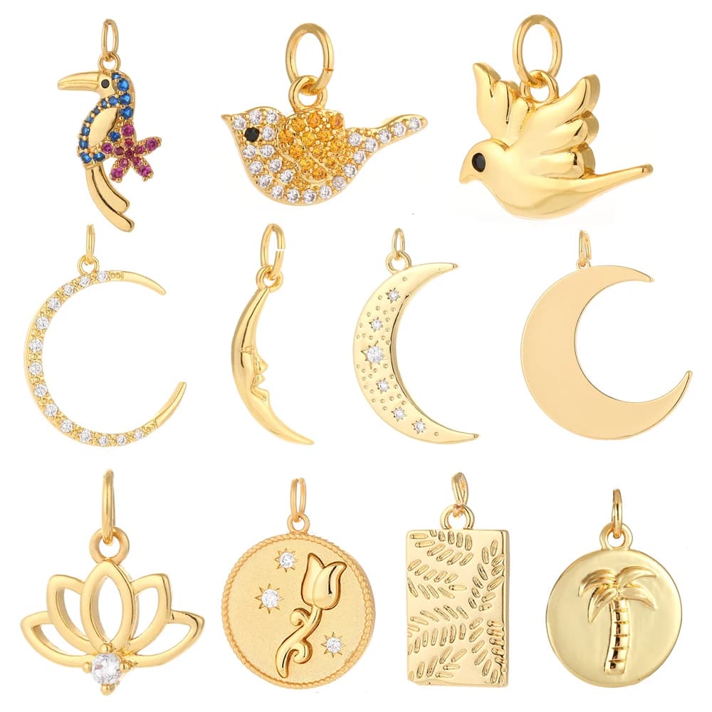 Charms for Jewelry Making Supplies Gold Moon Flower Bird Pendant Charms Diy Earring Bracelet Necklace Copper Inlaid Zircon