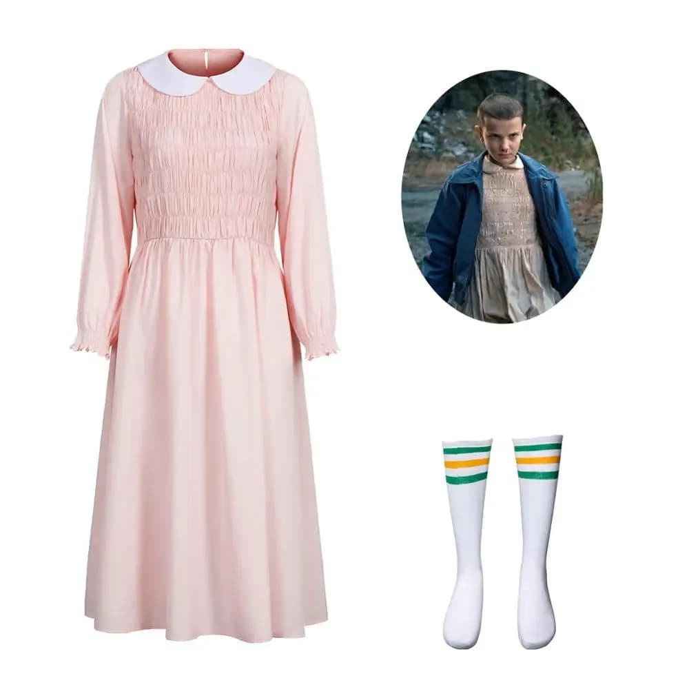 Pink Dress for Eleven Cosplay from Stranger Things with Doll Collar and Beading Details for Women, Girls, Christmas Party, and Halloween Costume