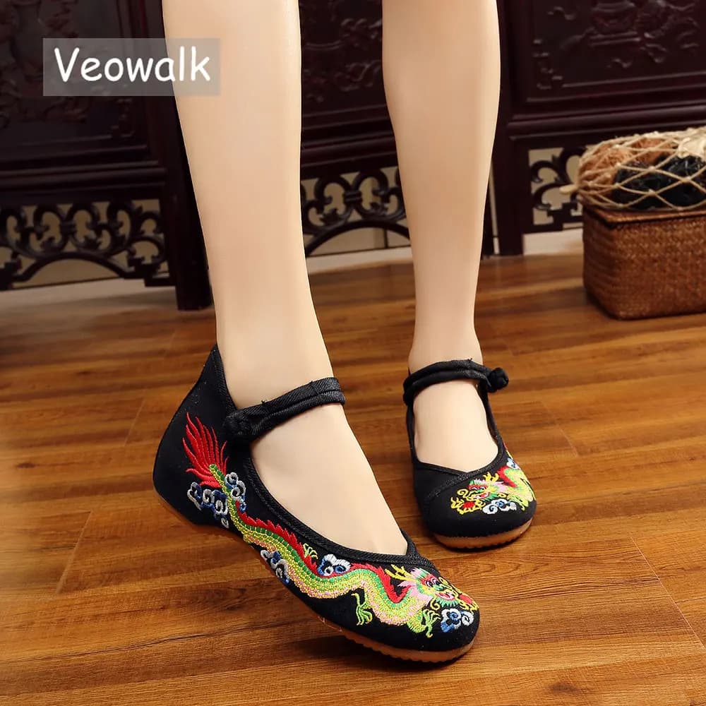 Veowalk Women's Cotton Ballet Flats with Chinese Dragon Embroidery - Handmade Old Beijing Shoes for Casual and Breathable Driving