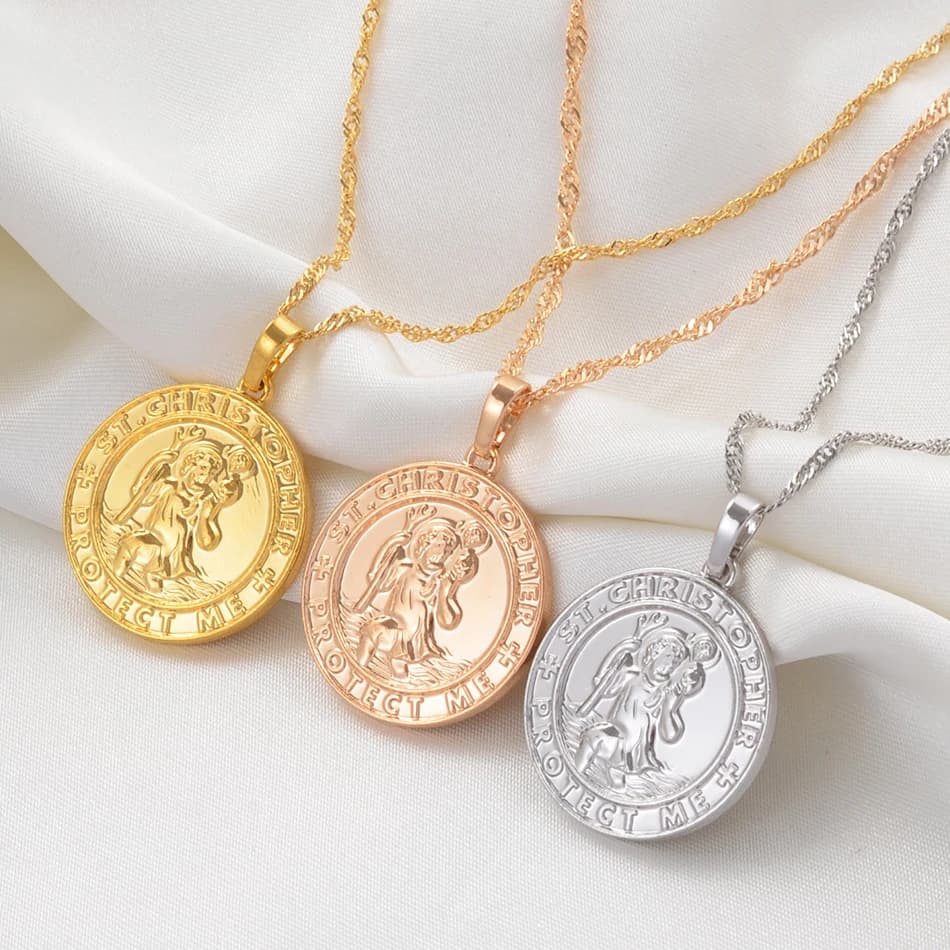 Anniyo St. Christopher Protect Me Necklaces for Women - Light Gold/Silver Color Saint Christophe Pendant - Religious Jewelry #040904