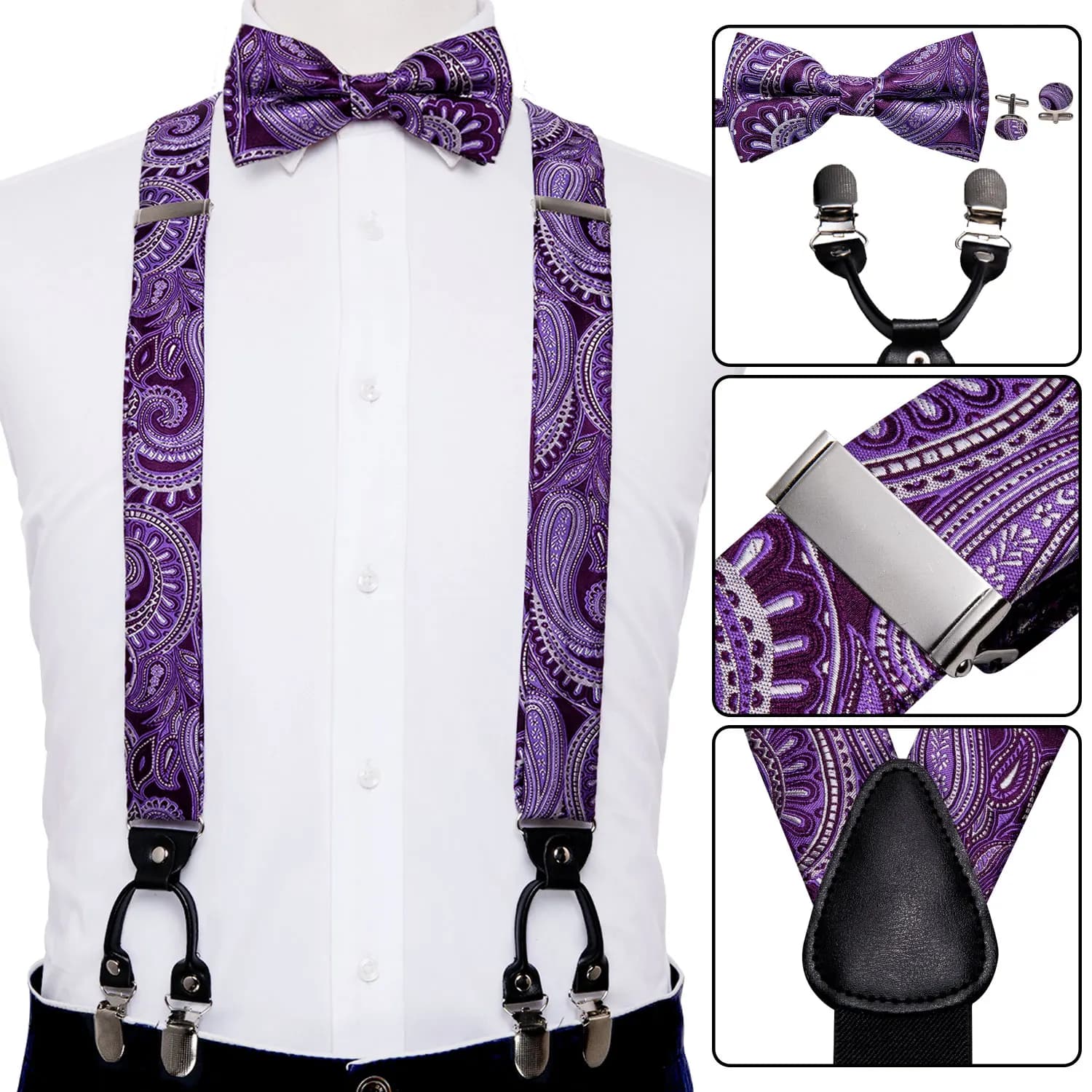 Barry.Wang Wholesale - Men's Purple Silk Bowtie Set with Leather Back Belt, Elastic Paisley Wedding Suspenders, and Floral Bow Tie