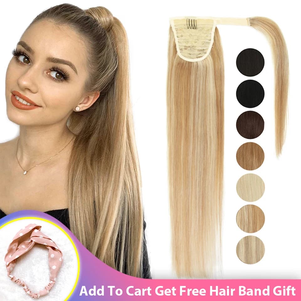 MRSHAIR Human Hair Ponytail Extensions, Remy Brazilian Clip-In Hair Extensions, Natural Blonde Brown, 14-24 Inch