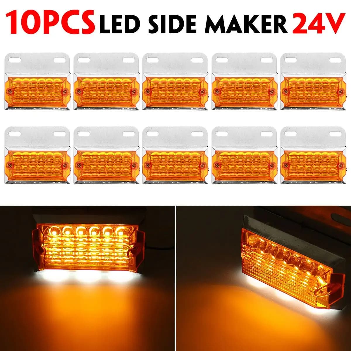 10 Pieces 24V 15-LED Amber Side Marker Lights for Cars, Trailers, Trucks & Lorries - Square Shape Warning Tail Light Signal Lamps