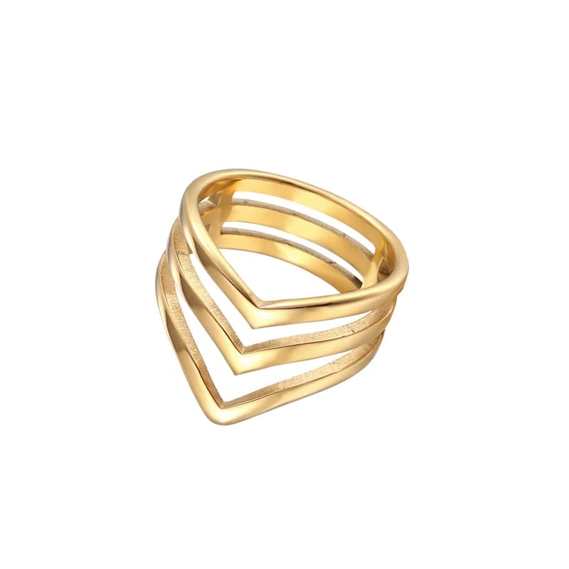 Women's Titanium Steel Gold Color Wholesale Inside and Outside Polished Three V Shape Ring