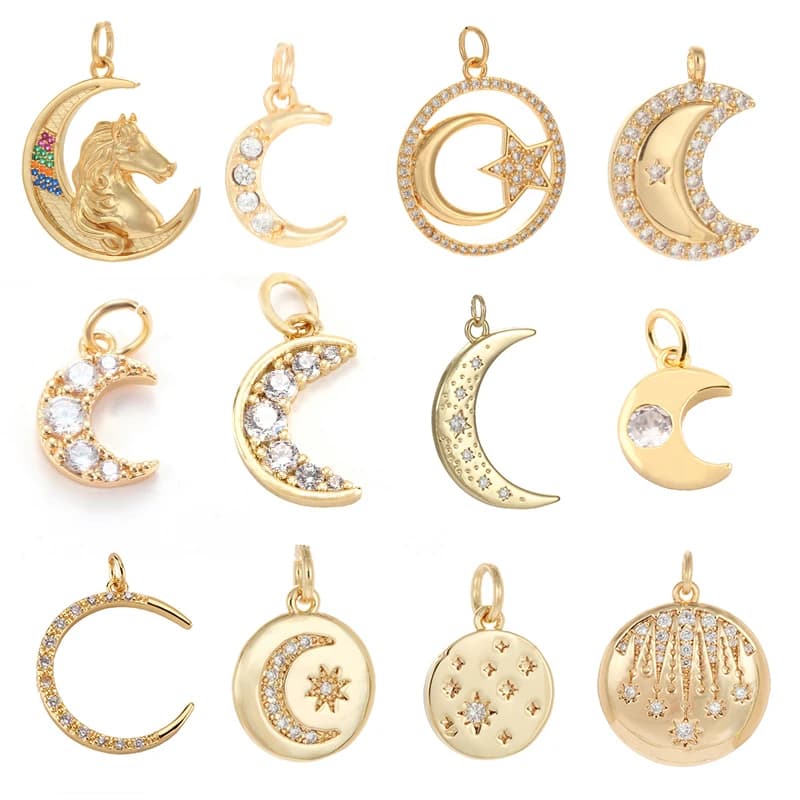 Gold Crescent Moon Pendant Charms for DIY Jewelry Making: Moon Accessories for Earrings, Bracelets, and Necklaces with Copper and Zircon Accents