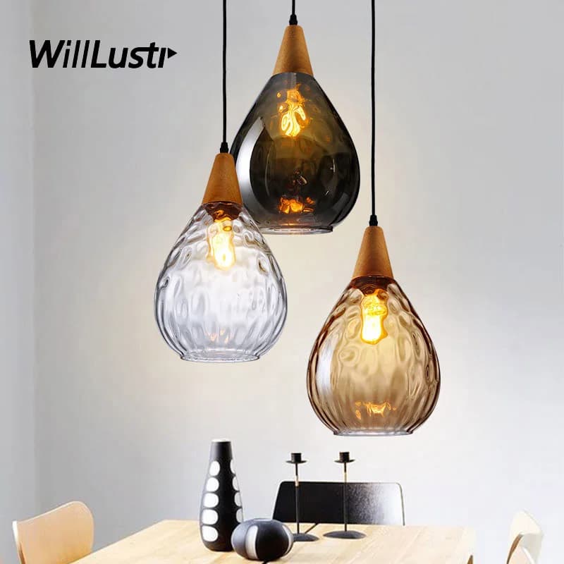 Water Drop Pendant Lamp Clear Smoke Amber Aquatex Glass Light Restaurant Lounge Living Room Nordic Wood Suspension Hanging Light