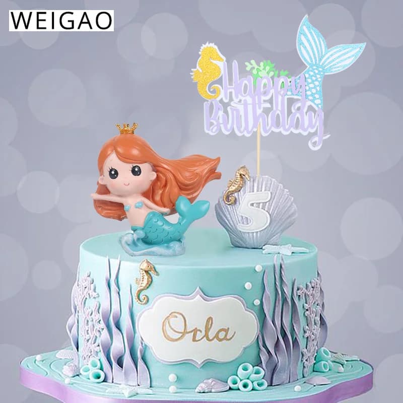 WEIGAO Little Mermaid Party Cake Toppers Happy Birthday Cake Topper Birthday Party Decorations Kids Under the Sea Party Supplies