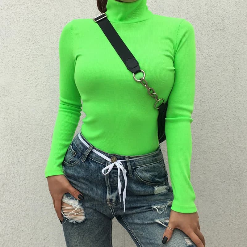 Neon Clothes Turtleneck Neon Top Long Sleeve Neon Green Yellow Pink Women Ladies Tee Shirt Manche Longue Femme Christmas Shirt