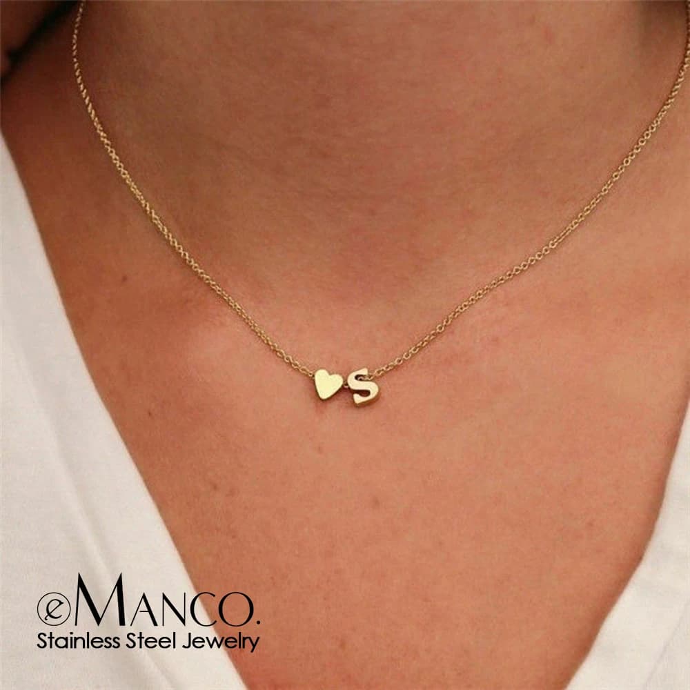 eManco Gold Stainless Steel 316L Initial Necklace for Women - Chain Choker with DIY Heart Letter Pendant - Custom Name Jewelry for Women