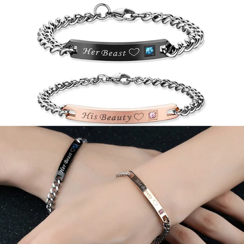 Couples Matching Bracelets Set for Women - Stainless Steel Her Beast His Beauty Relationship Promise Bracelets