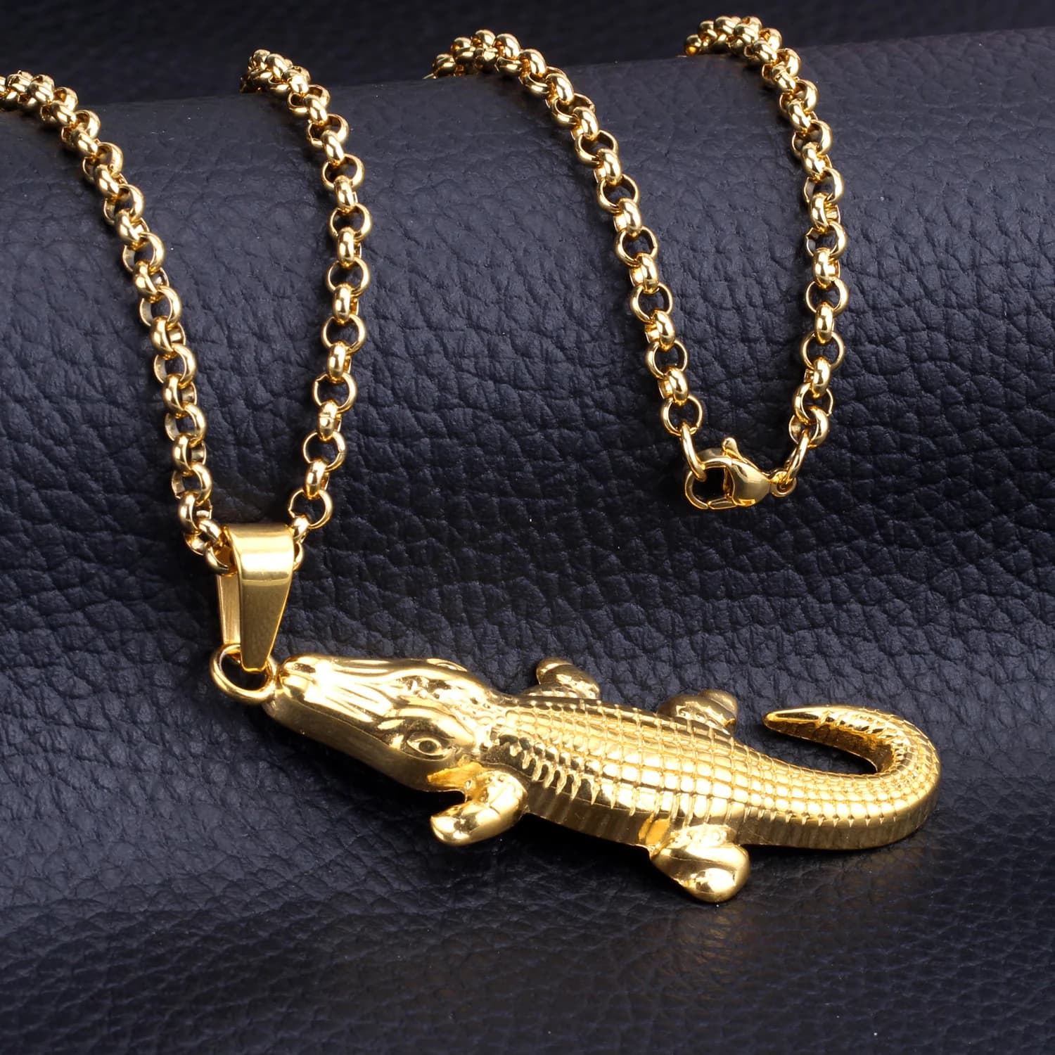 Luxusteel Stainless Steel Men's Necklace - Animal Jewelry Wholesale - Gold Color Crocodile Shape - Big Statement Pendants and Necklaces