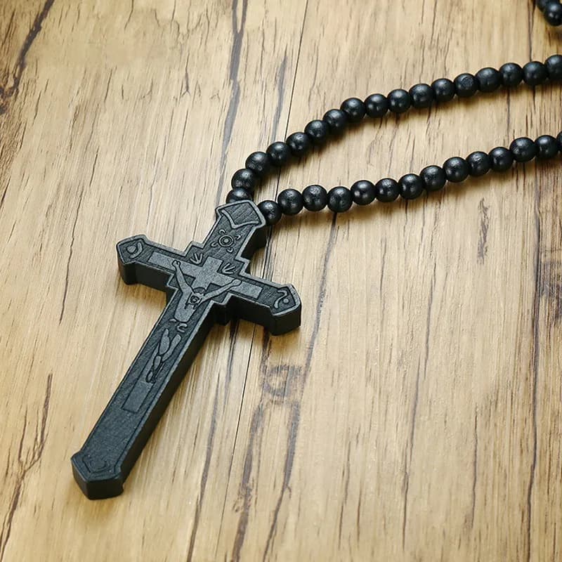 Large Wooden Catholic Jesus Men's Cross with Carved Rosary Pendant Long Collier Statement Necklace