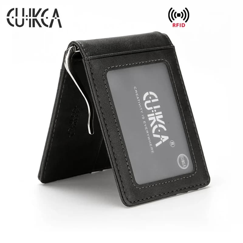 CUIKCA Unisex RFID Slim Leather Wallet with Metal Money Clip - Business ID Credit Card Cases for Men and Women - Travel Wallet