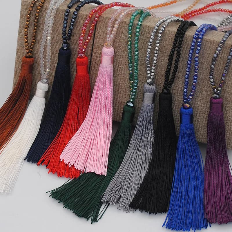 Bohemian Statement Long Necklace for Women, Crystal Bead Tassel Pendant, Fashionable Sweater Collares