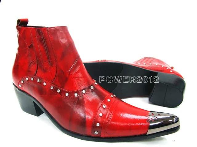 Christia Bella Winter Fashion Metal Pointed Toe Man Motorcycle Short Boots Red Genuine Leather Male Business Party Ankle Boots