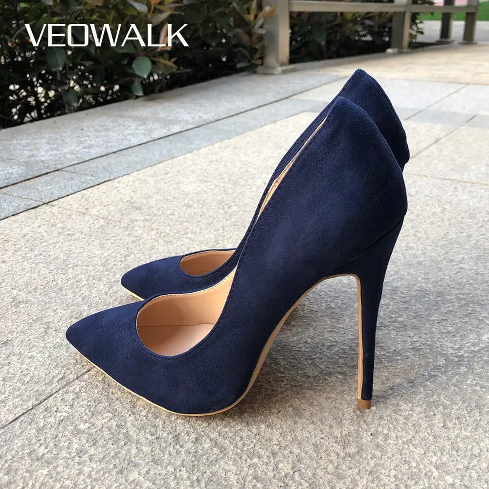 Navy Blue Synthetic Suede High Heels Pointed Toe Slip-On OL Ladies Stiletto Pumps - Veowalk (8, 10, 12cm) Fashion Wedding Shoes