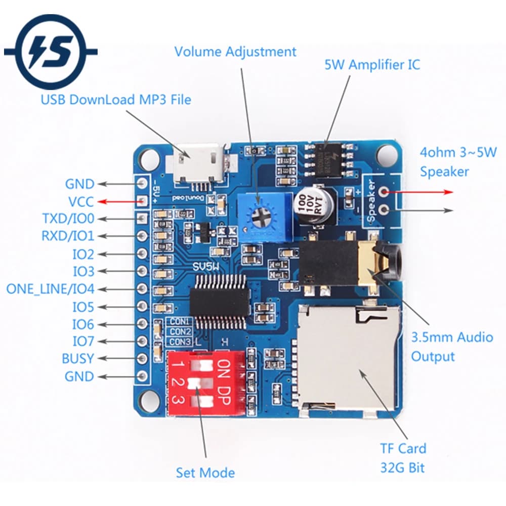 Arduino Voice Playback Amplifier Module 5W MP3 Music Player with SD/TF Card and UART I/O Trigger - Class D