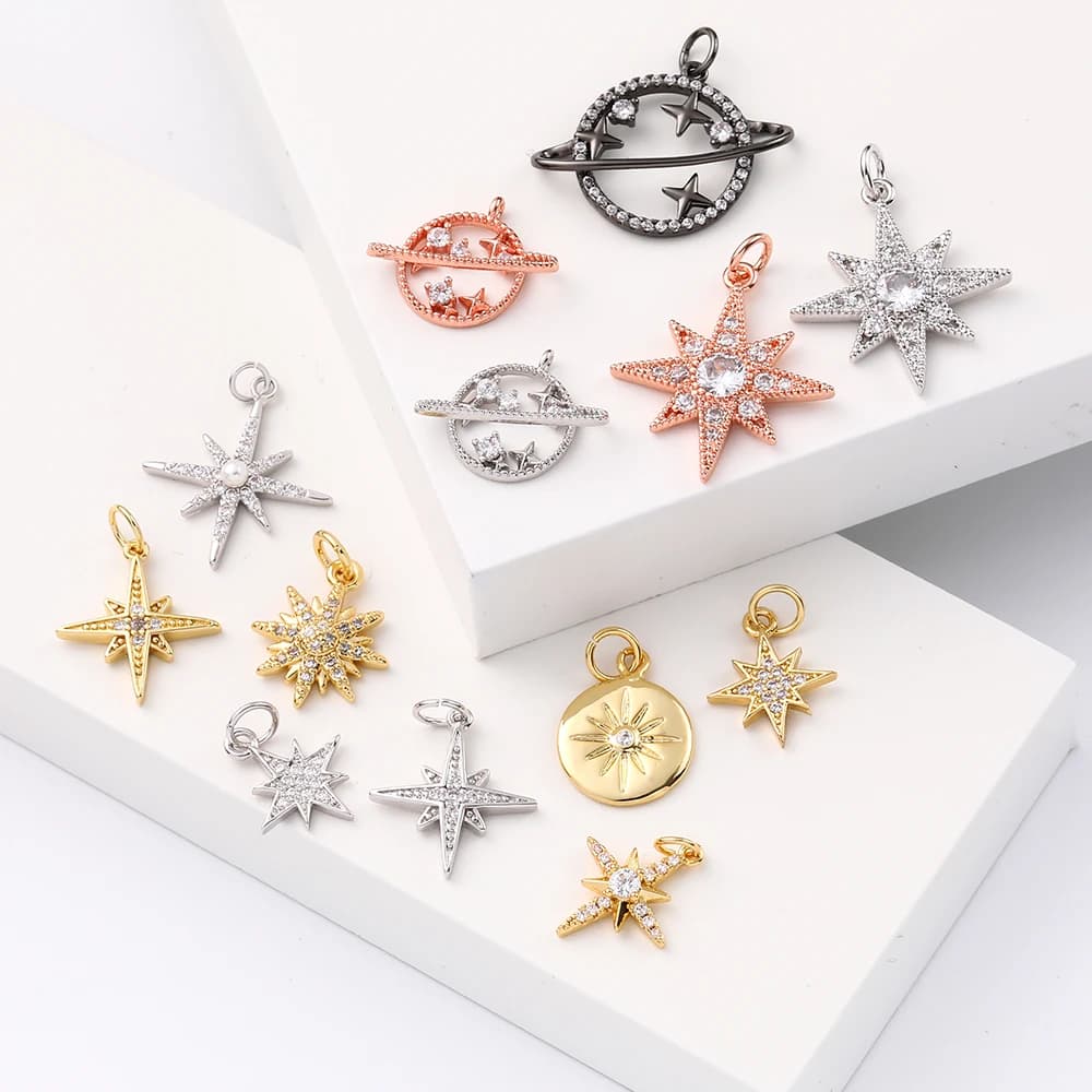 Gold Polaris CZ Zircon Star Sun Pendant Charms for Earrings Necklace DIY Jewelry Making