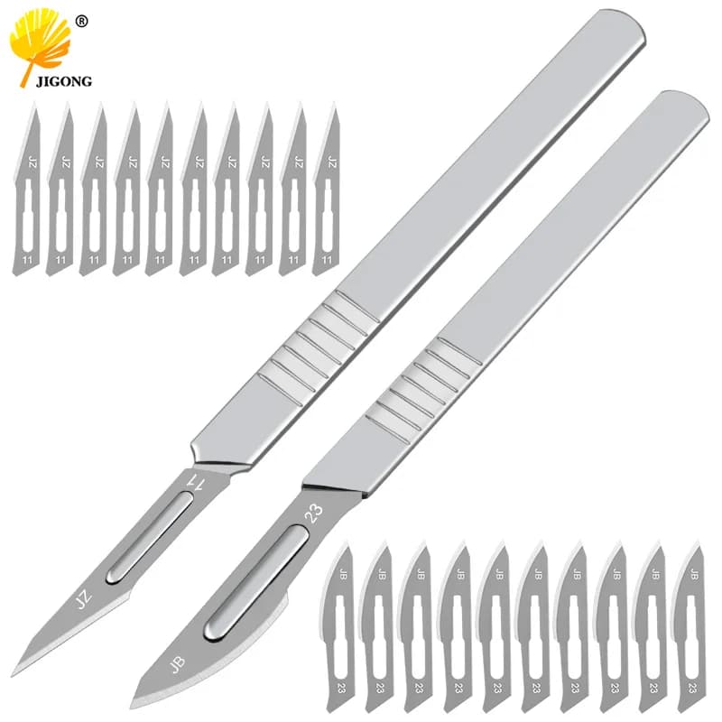 Carbon Steel Surgical Scalpel Blades 11# and 23# (10 pcs) with 1pc Handle for DIY Cutting, PCB Repair, Animal Surgical Knife