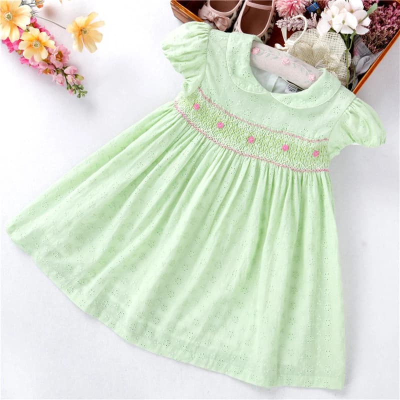 Summer Green Smocked Baby Girl Dress with Cotton Peter Pan Collar - Handmade Boutique Kids Clothing with a Vintage Twist