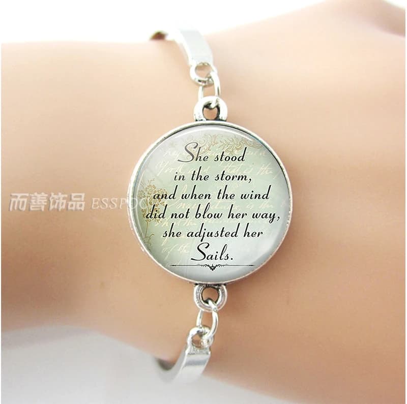 Inspirational Quote Bracelet - She Stood in the Storm, Adjusted Her Sails - Glass Cabochon Jewelry Metal Bangle for Women Gift